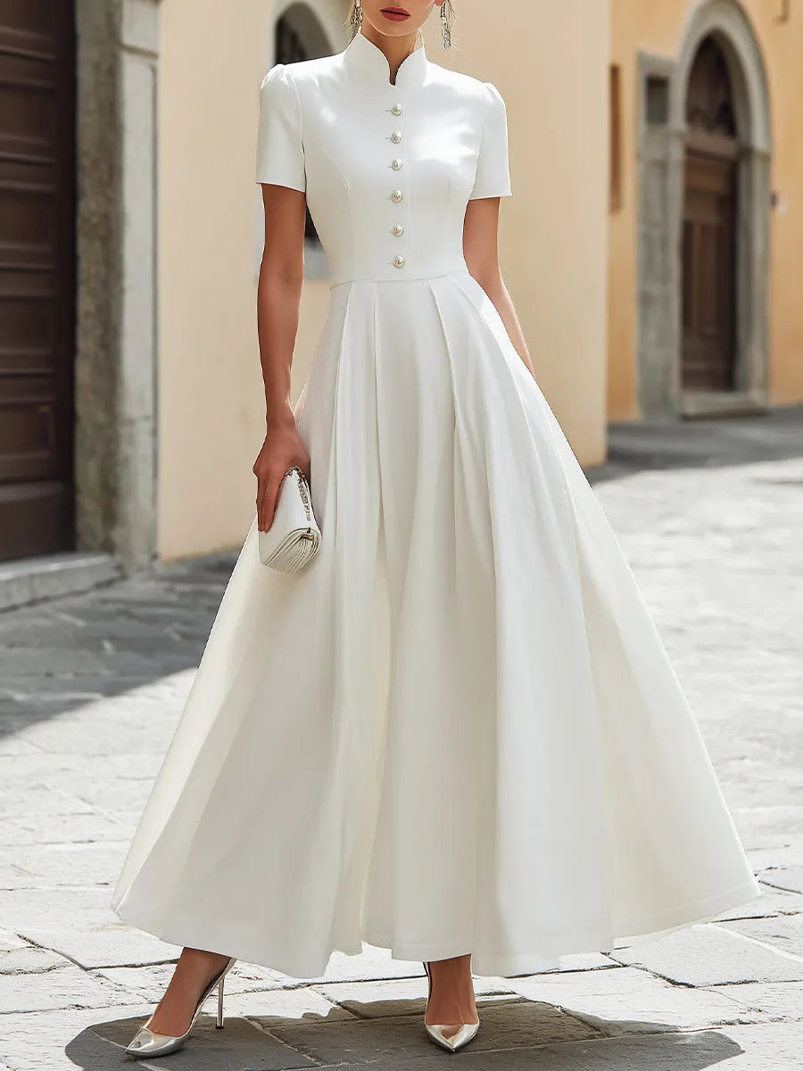 Pearl Button Mandarin Collar Maxi Dress