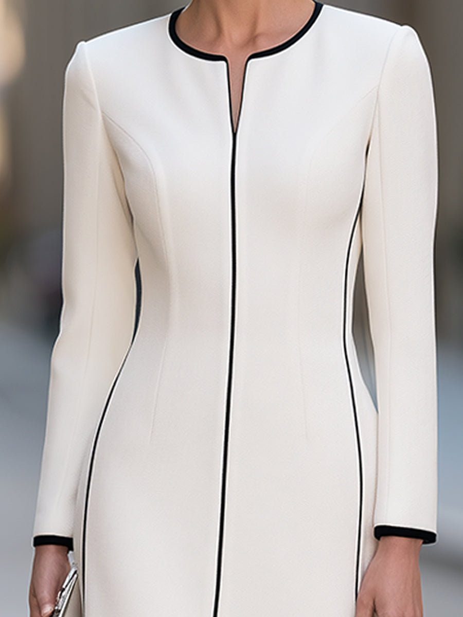 Elegant Contrast Trim White Tailored Midi Dress