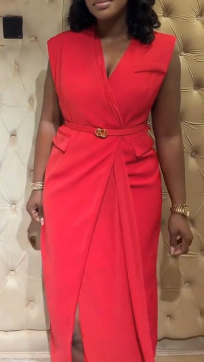 Women V-neck Solid Color Casual Dress with Temperament