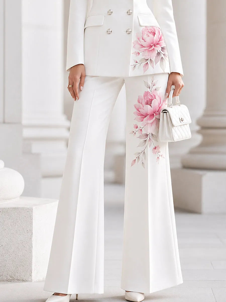 Double-Breasted Blazer & Flared Pants Suit Two-Piece Set