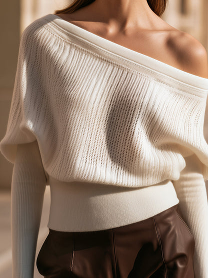 Asymmetric Off-Shoulder Ribbed Knit Sweater