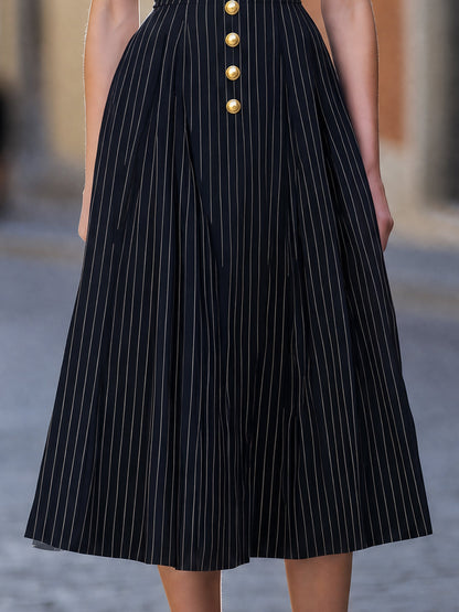 Pinstripe Lapel Button-Front Flare Midi Dress