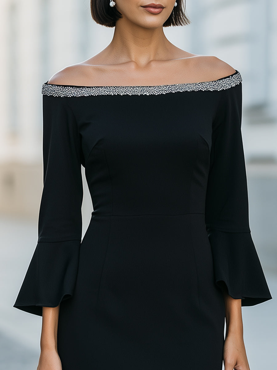 Crystal-Trim Off-Shoulder Bell-Sleeve Midi Dress
