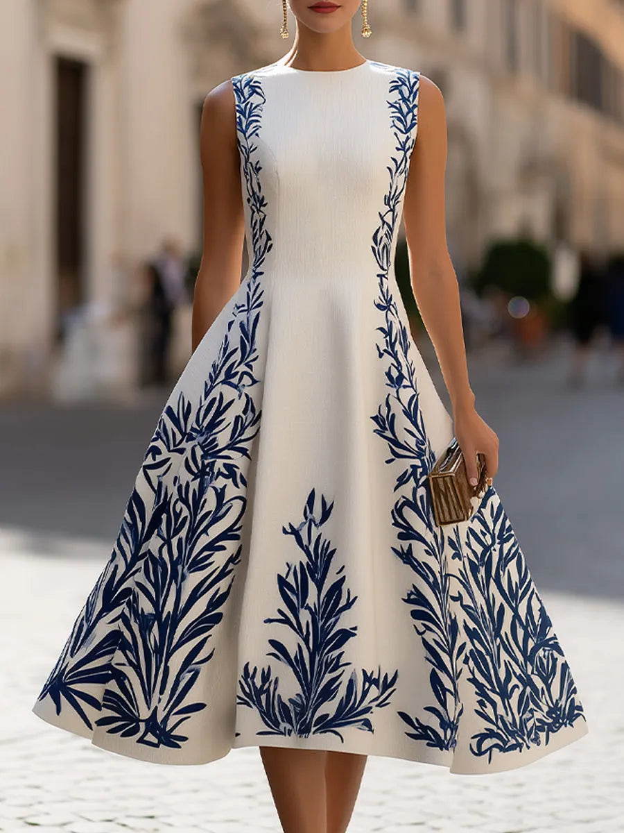 Sleeveless A-Line Midi Dress With Printed Accents