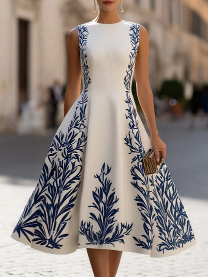 Sleeveless A-Line Midi Dress With Printed Accents