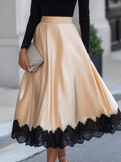 Lace Trim T-Shirt Satin A-Line Skirt Two-Piece Set