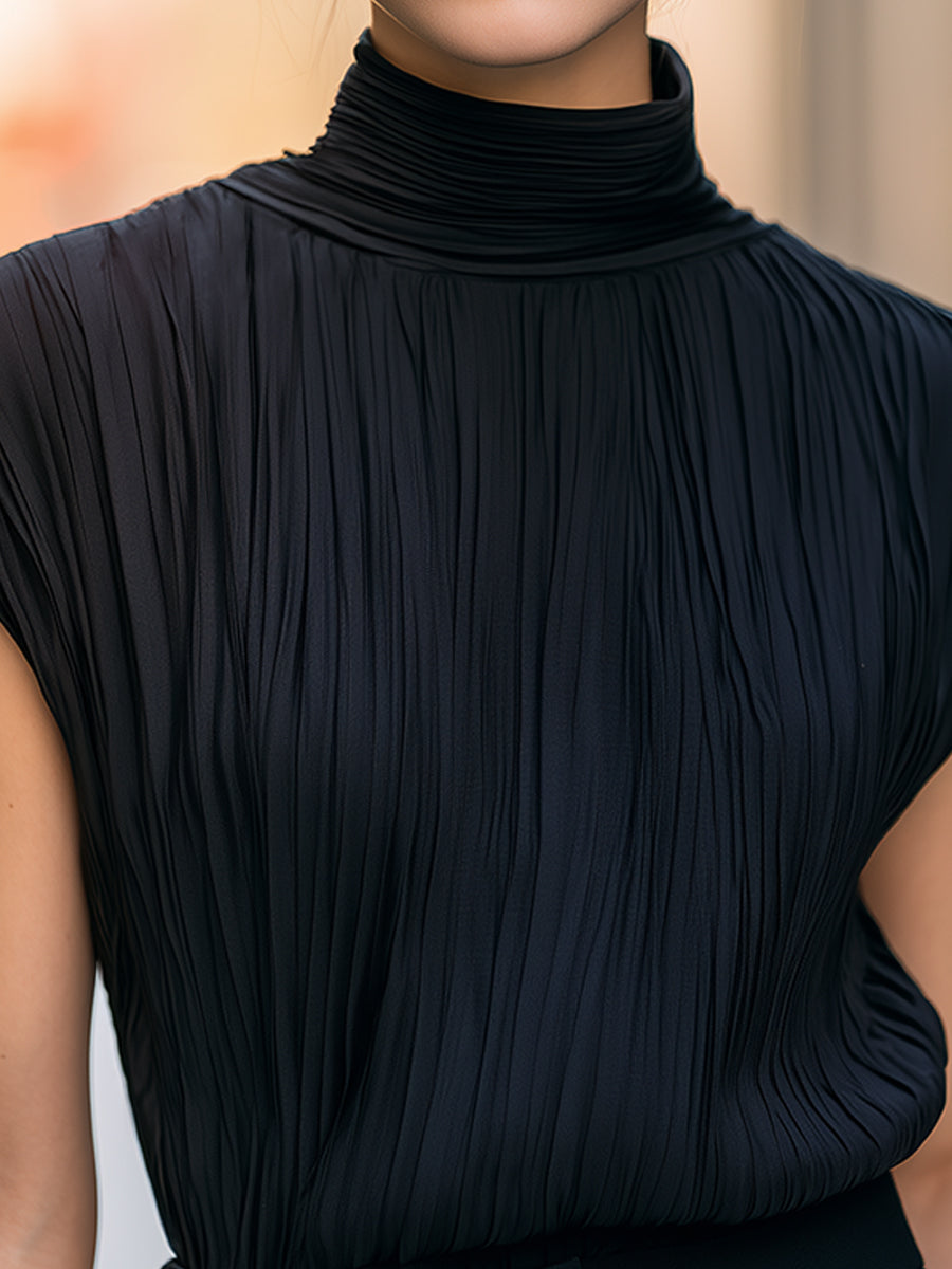 Black Textured High-Neck Pleated Sleeveless Blouse