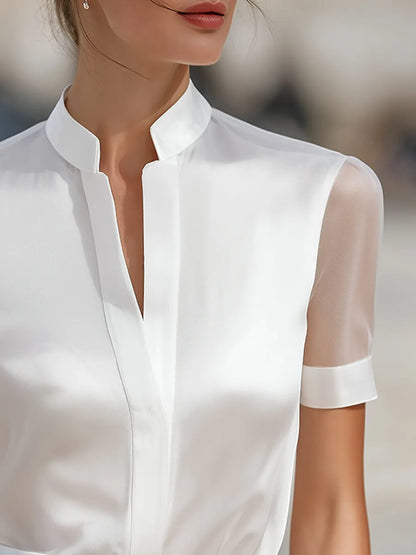Stand Collar Sheer Short-Sleeve Satin Blouse