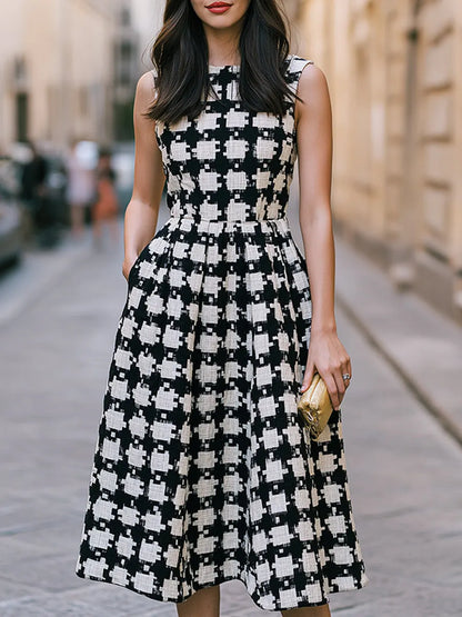 Sleeveless Houndstooth Tweed Pleated Flare Midi Dress