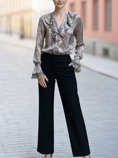 Snake Print Ruffle V-Neck Long Sleeve Satin Blouse