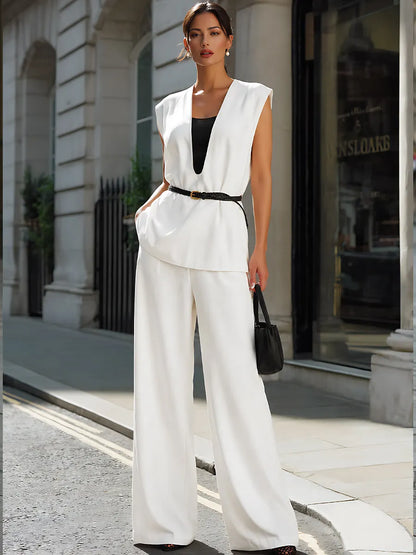Structured Deep V-Neck Sleeveless Top And Wide-Leg Trousers Set