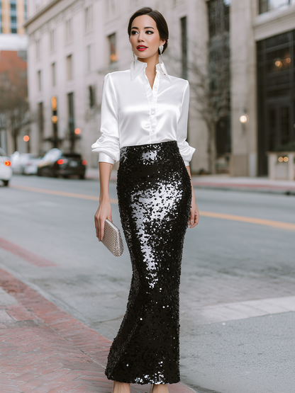Satin Button-Front Blouse And Sequin Mermaid Maxi Skirt Set