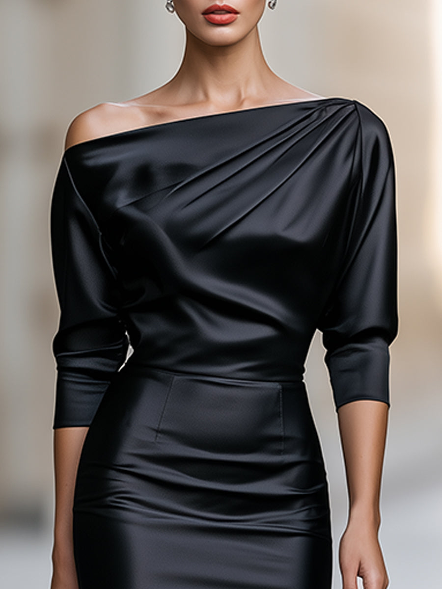 Satin Off Shoulder Ruched 3/4 Sleeve Midi Bodycon Dress