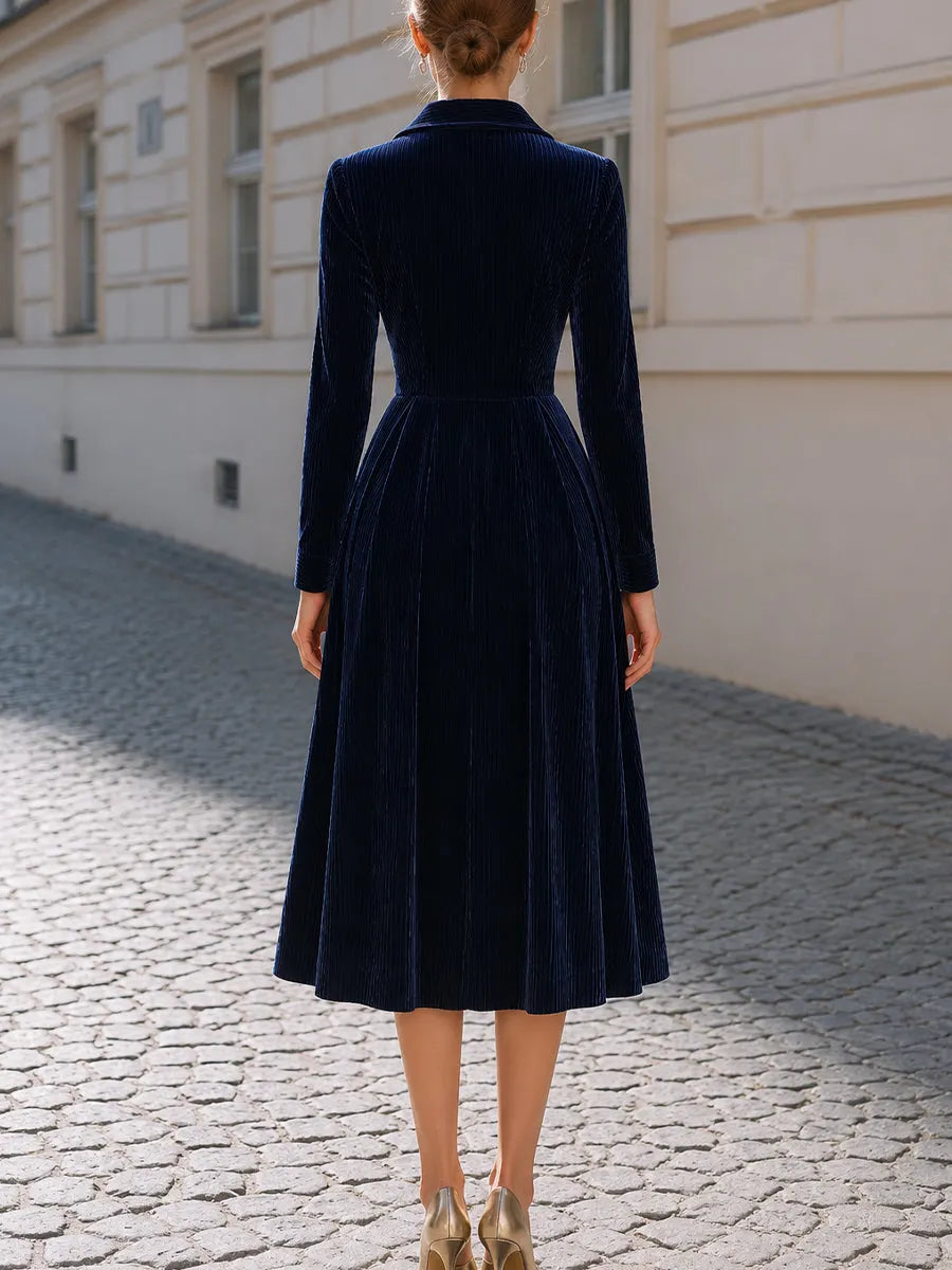 Vertical Corduroy Lapel Zip Front Midi Fit-and-Flare Dress