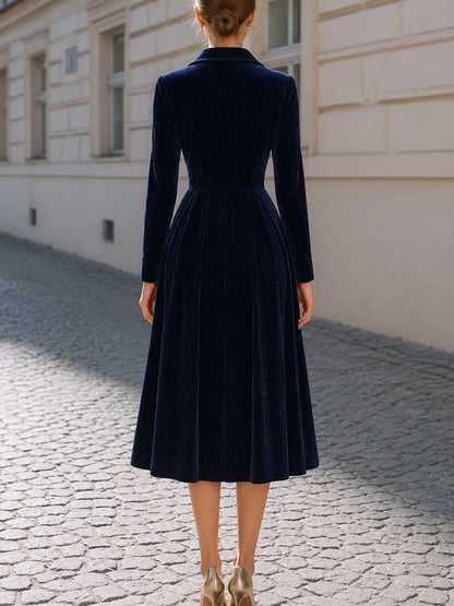 Vertical Corduroy Lapel Zip Front Midi Fit-and-Flare Dress