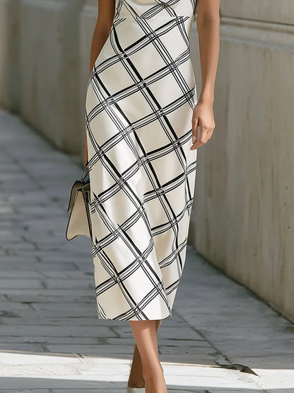 White & Black Plaid Puffed Sleeve Sheath Midi Dress
