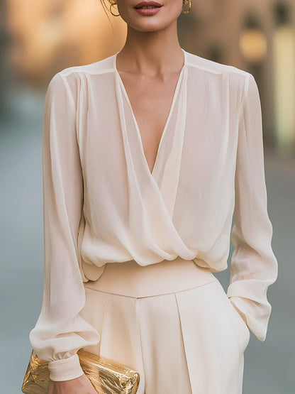 Draped Chiffon V-Neck Wrap Shirt