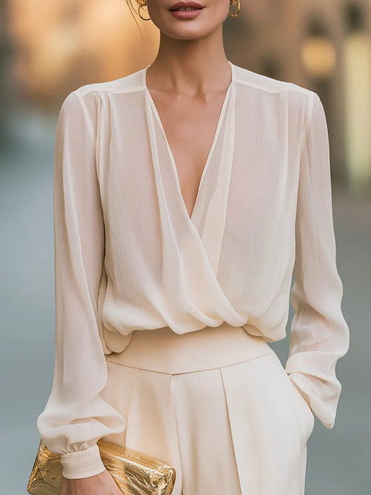 Draped Chiffon V-Neck Wrap Shirt