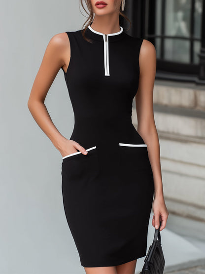 Half-Zip Mock Neckline Contrast Trim Midi Dress