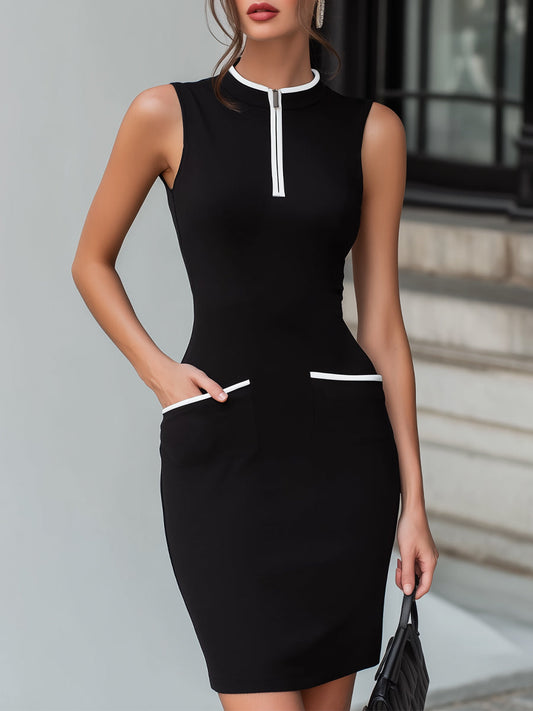 Half-Zip Mock Neckline Contrast Trim Midi Dress