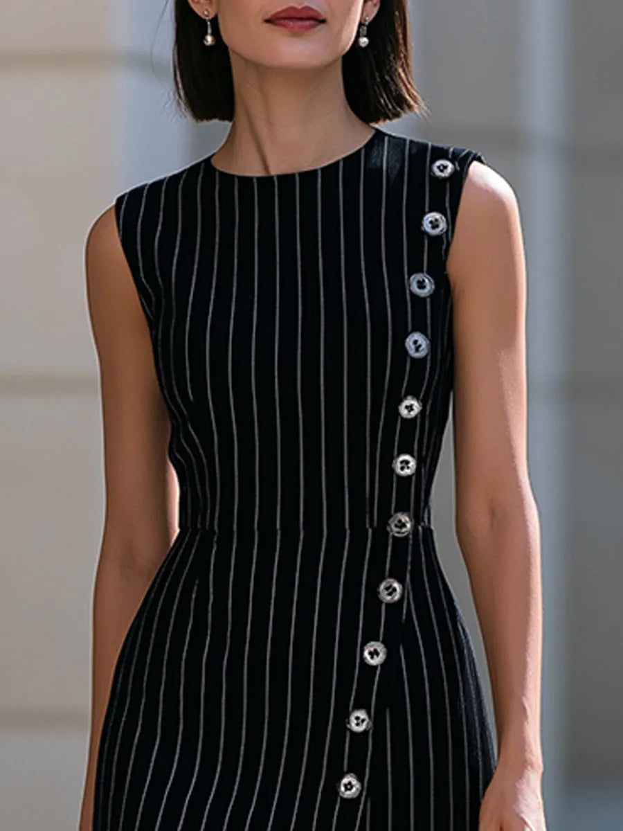 Black & White Pinstripe Sleeveless Button-Detail Midi Dress