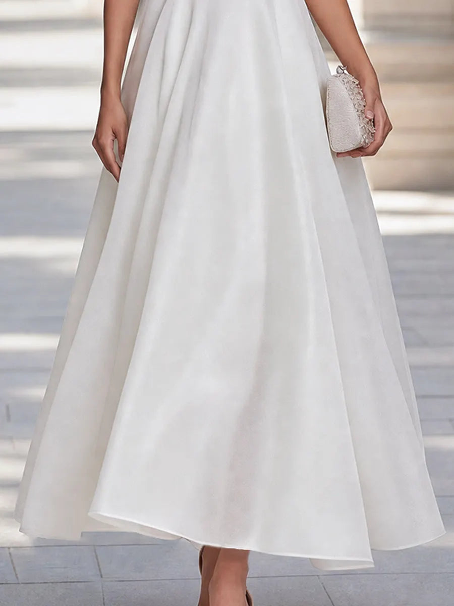 White Puff Sleeve Square Neck A-Line Midi Dress