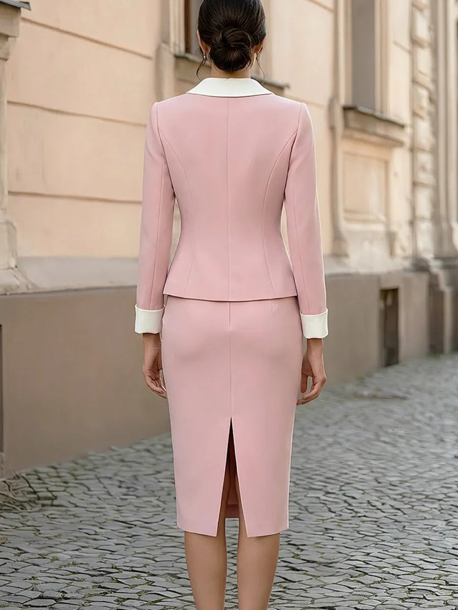 White Contrast Collar & Cuff Peplum Blazer & Midi Pencil Skirt Two-Piece Suit Set