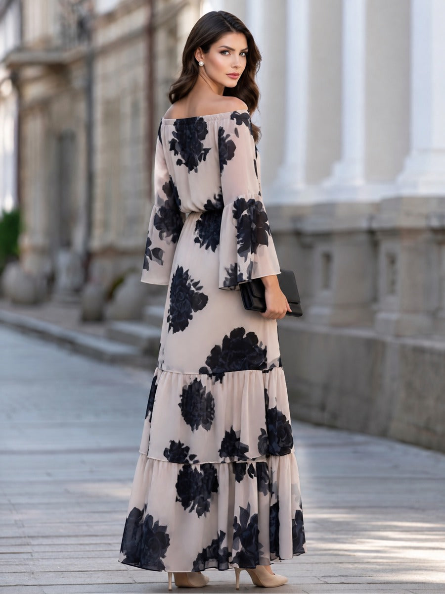 Off-Shoulder Floral Print Bell Sleeve Tiered Maxi Dress