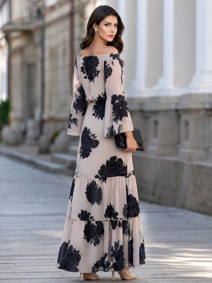 Off-Shoulder Floral Print Bell Sleeve Tiered Maxi Dress