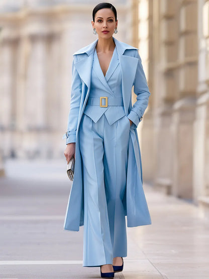 Belted Blazer Vest, Wide-Leg Pants & Long Coat Three-Piece Suit Set