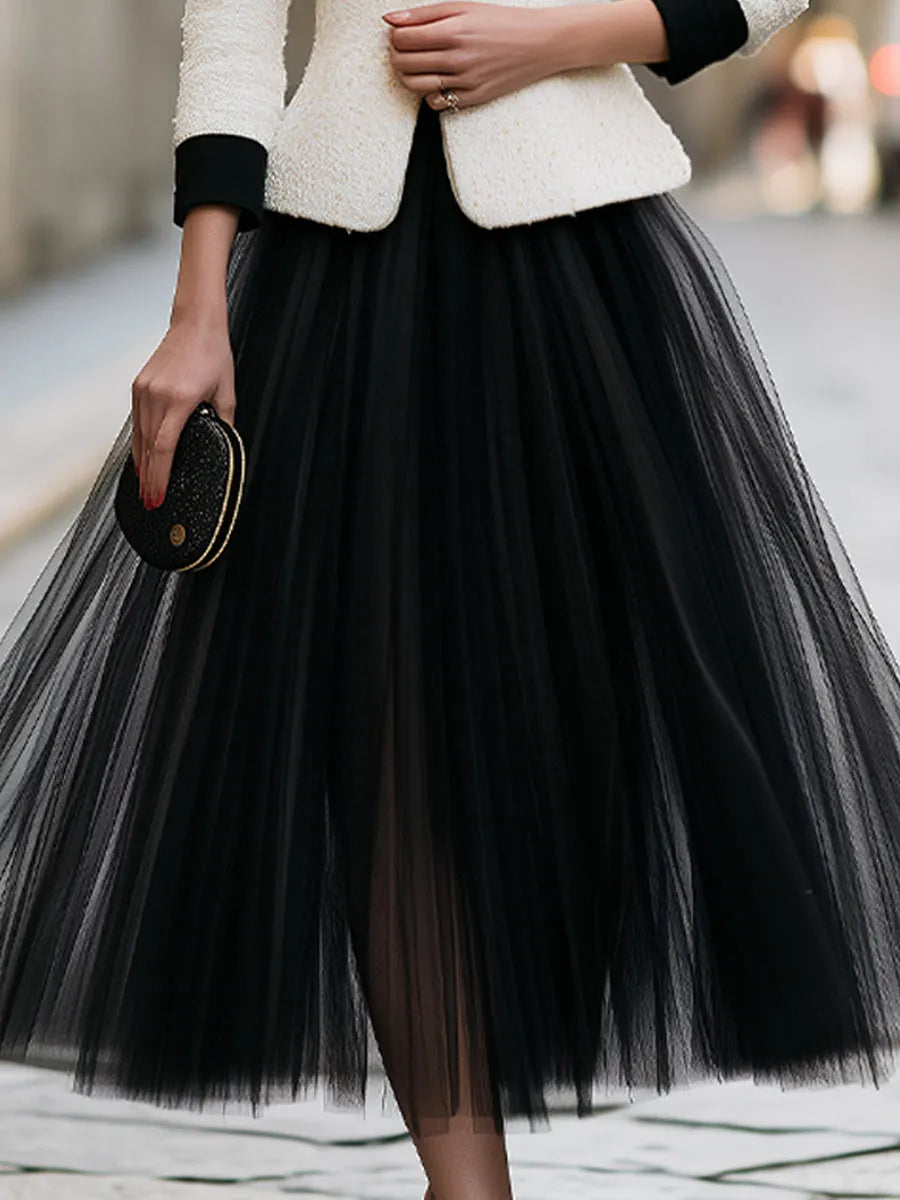 Contrast-Trim Blazer And Sheer Full Midi Skirt Set