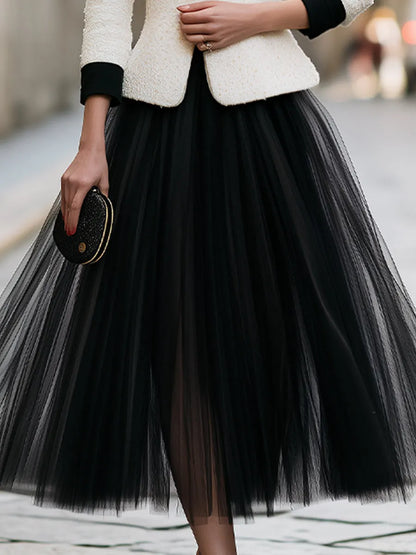 Contrast-Trim Blazer And Sheer Full Midi Skirt Set