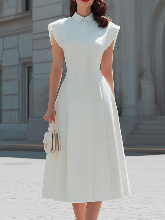 Robe midi évasée à col Claudine et manches courtes