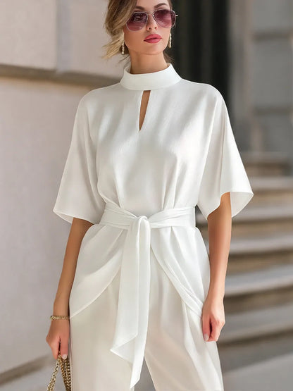 Elegant Mock Neck Front Keyhole Detail Waist-Tie Blouse