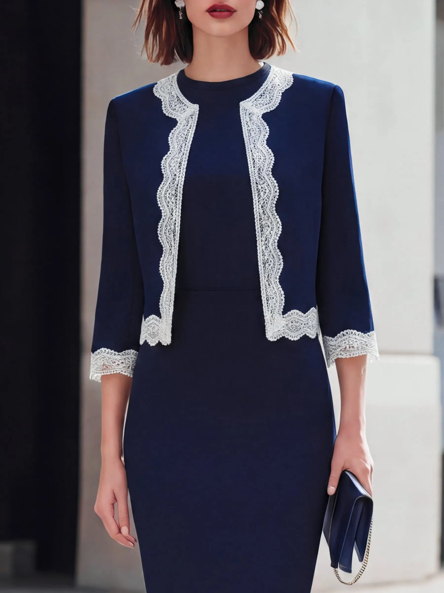 Lace-Trimmed Tailored Jacket And Sheath Dress Set