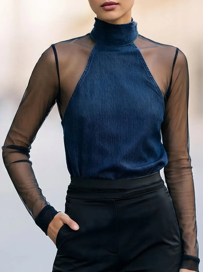 Sheer Mesh Sleeve Velvet Mock Neck Blouse