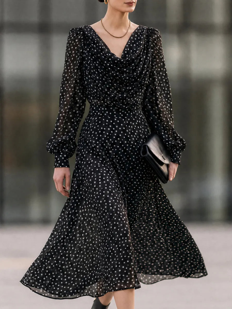 Polka Dot Cowl Neck Long Sleeve Midi Chiffon Dress