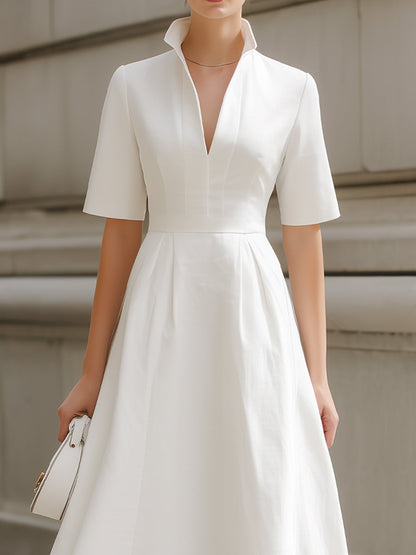 Stand Collar V-Neck Fit-and-Flare Midi Dress