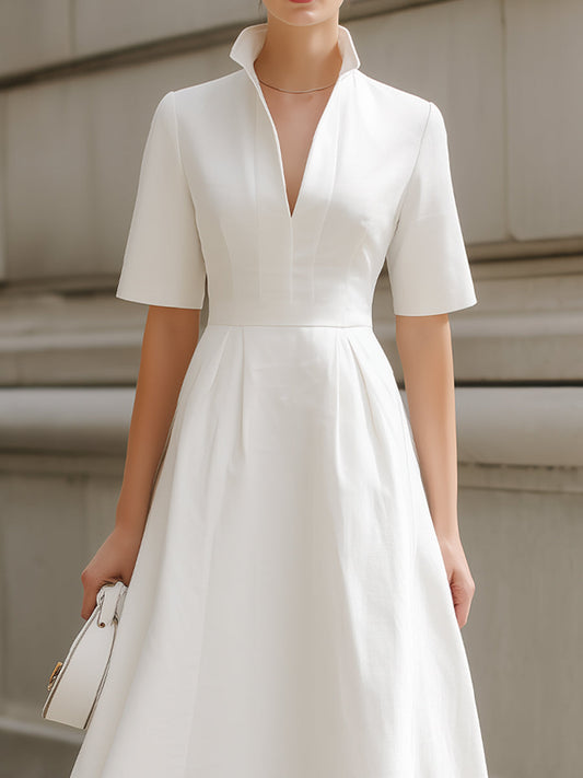 Stand Collar V-Neck Fit-and-Flare Midi Dress