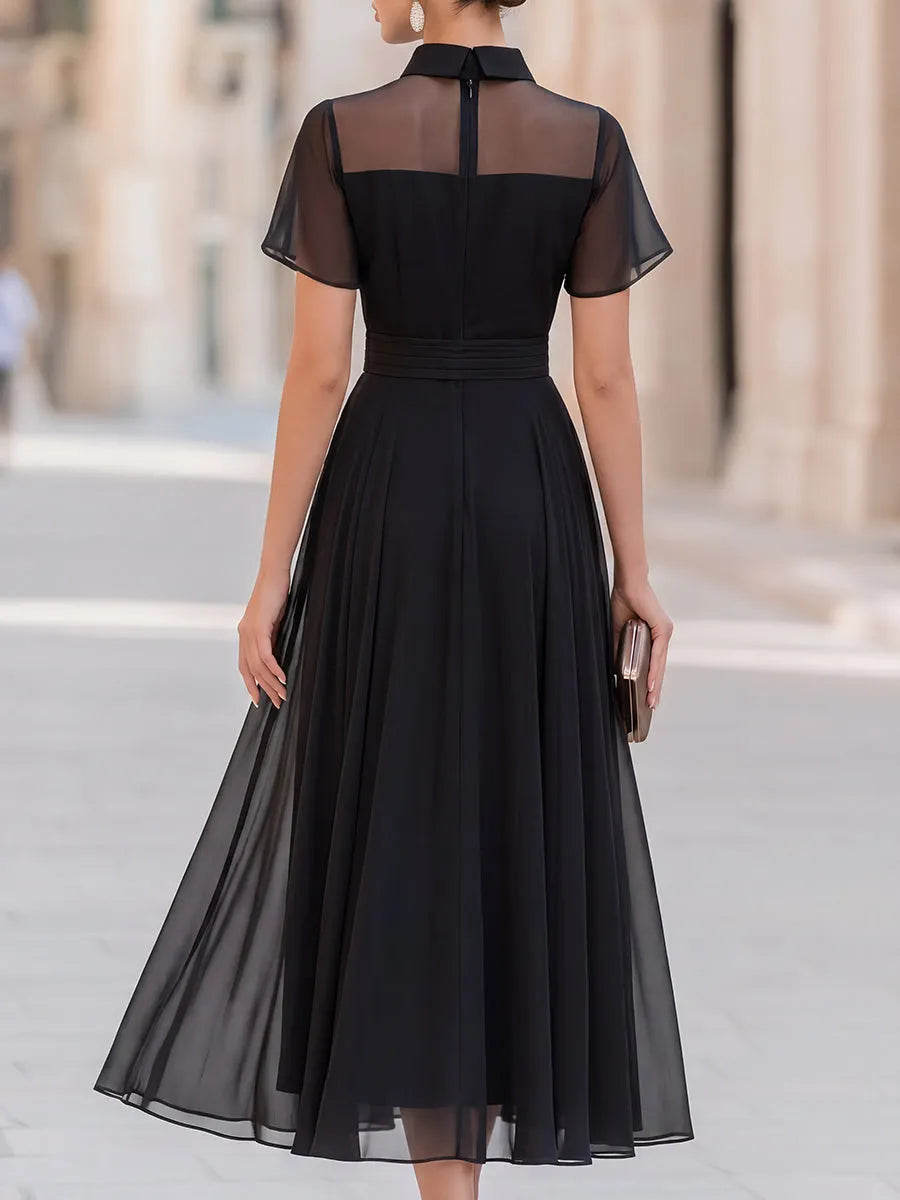 Semi-sheer Yoke Belted Chiffon Midi Dress