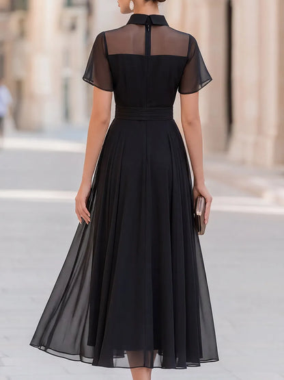 Semi-sheer Yoke Belted Chiffon Midi Dress