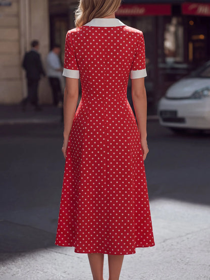 Vintage-Inspired Polka Dot Lapel Midi Dress