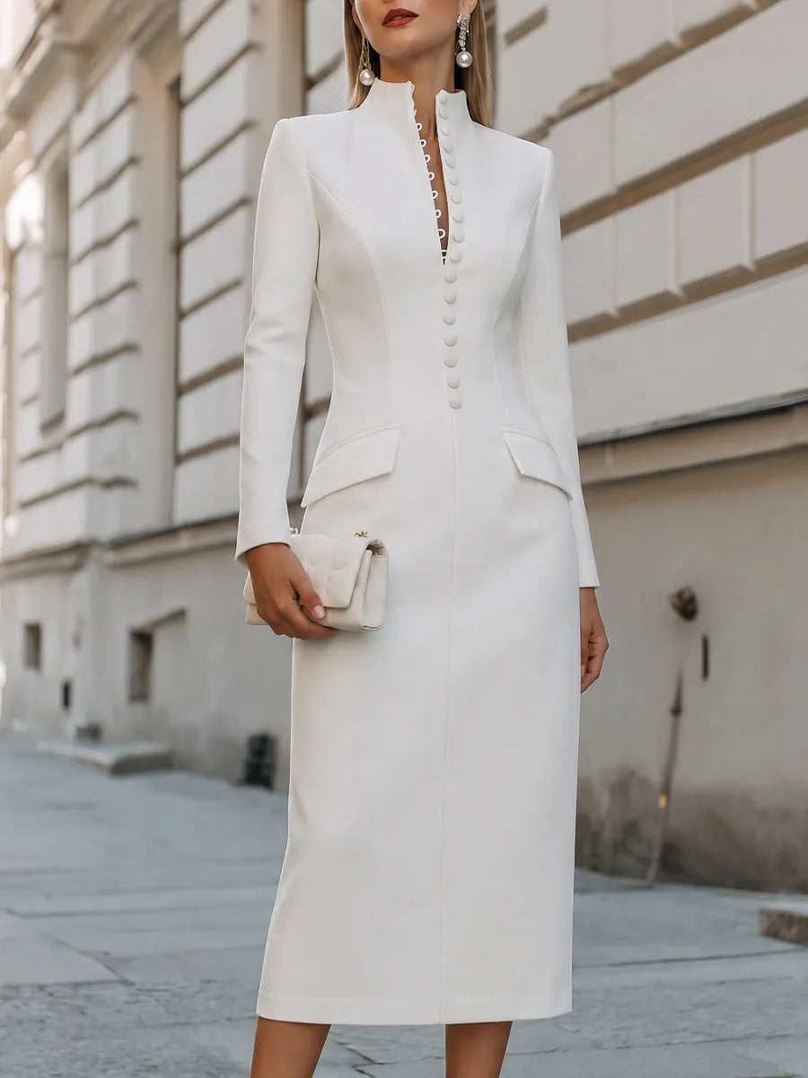 High-Neck Button-Front Pencil Midi Dress