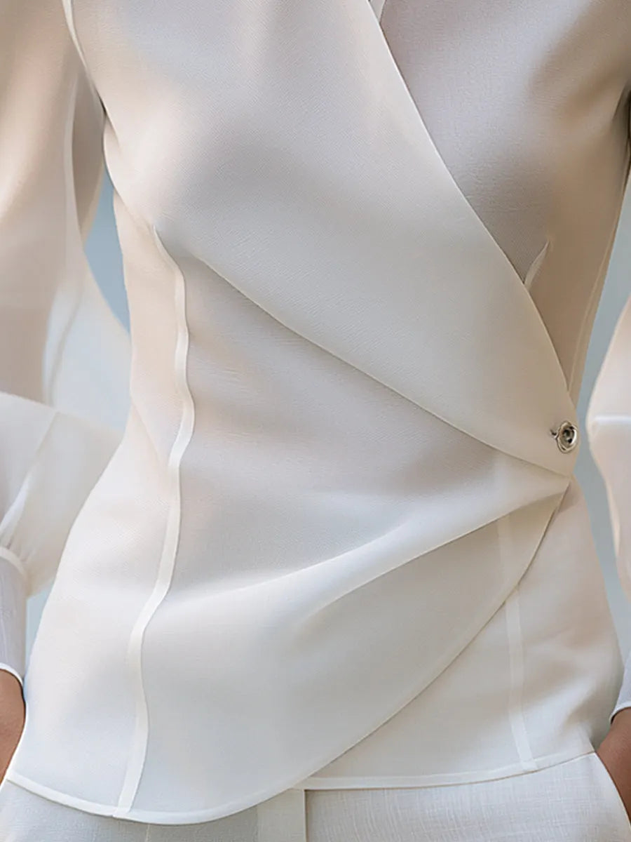 Mandarin Collar Wrap Front Sheer Sleeve Blouse