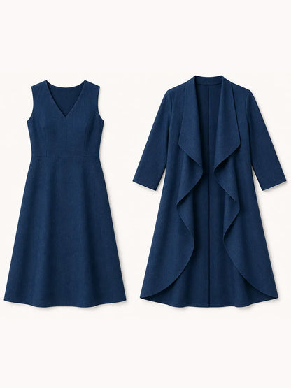 Two-Piece Set: Waterfall-Style Layered Cardigan-Effect Dress With Slim-Fit V-Neck Midi Dress