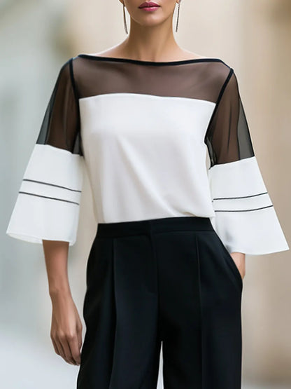 Contrast Mesh Sleeve Blouse And Wide Leg Pants Set