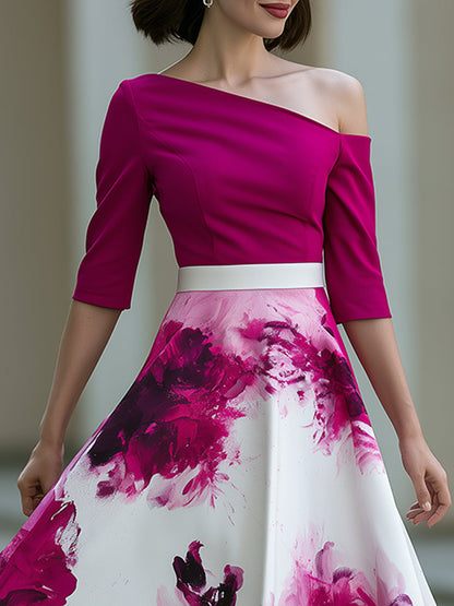 One Shoulder Floral Print A-Line Midi Dress