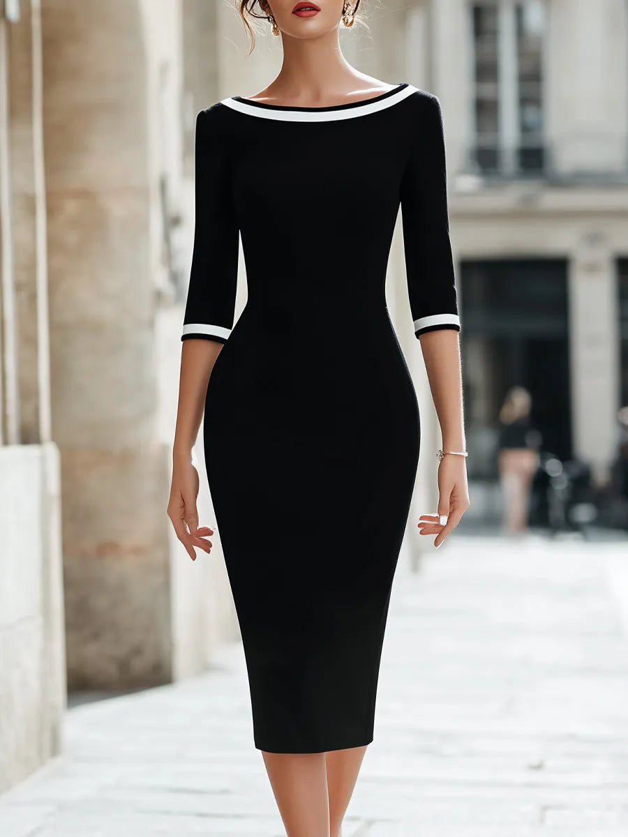 Contrast Trim Boat-Neck Three-Quarter Sleeve Pencil Midi Dress