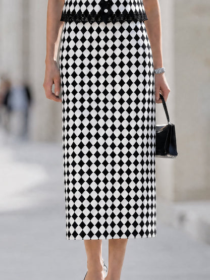 Checkered Pattern Lace-Trimmed Top & Midi Skirt Set