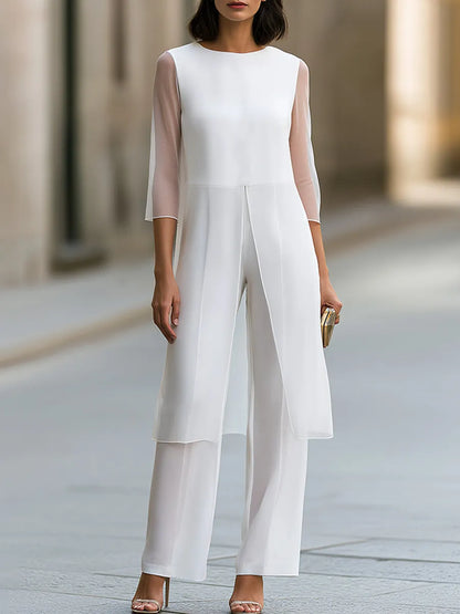 Two-Piece Set: Sheer-Sleeve Tunic Top & Wide-Leg Trousers